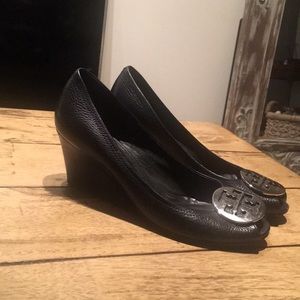 Black Tory Burch Peep Toe Wedges